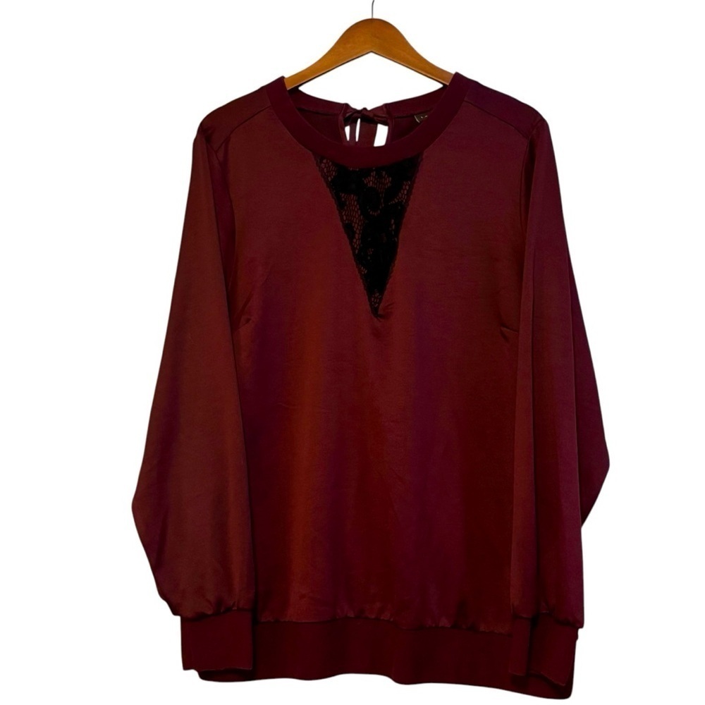 LANE BRYANT Pullover Tieback Silk-feel Sweatshirt w/ Lace Inset, Wine, sz 18/20